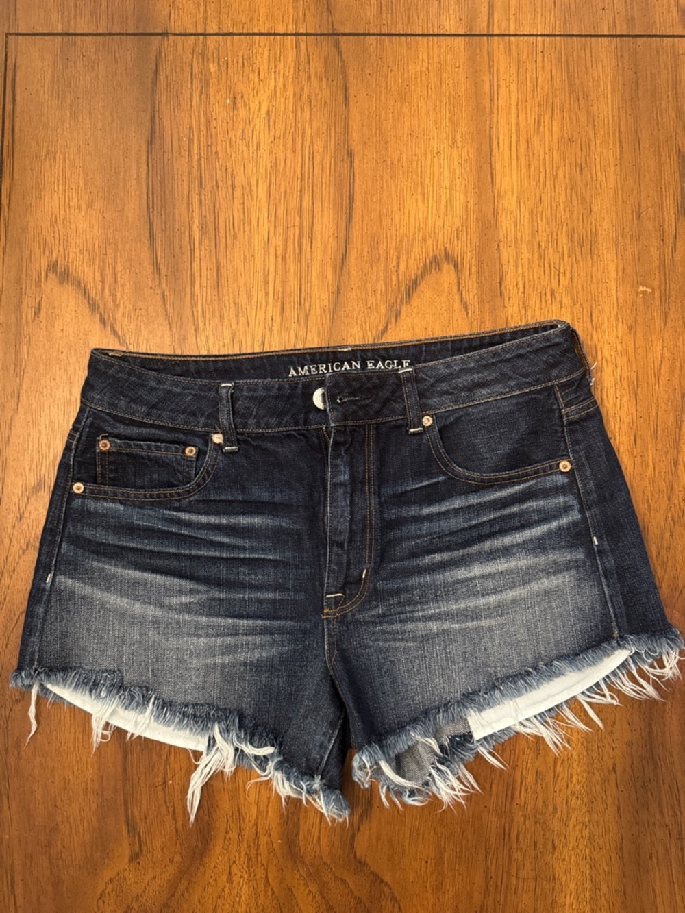 American Eagle Hi-Rise Festival Dark Indigo Distressed Denim Shorts